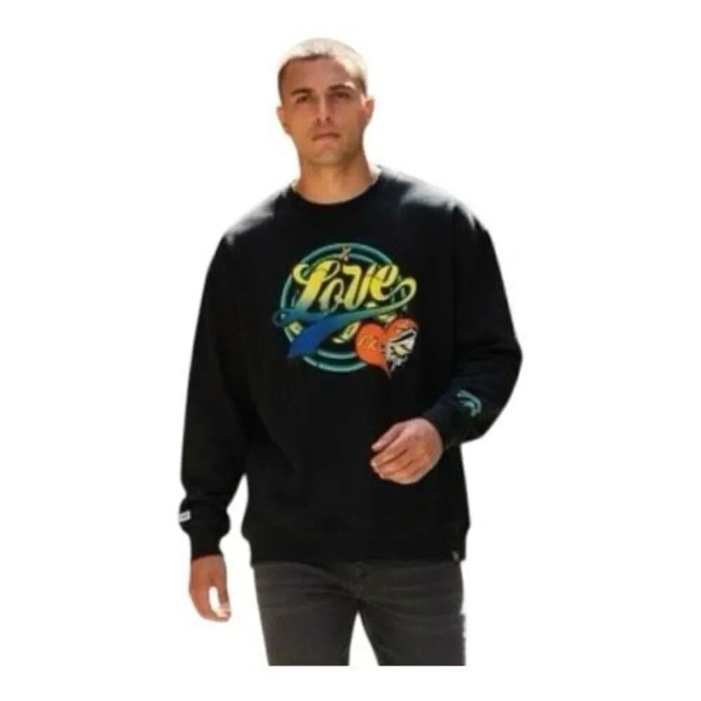 Civilized Love Sweatshirt Men Size M Black Multicolor Embroidered Heart Pockets